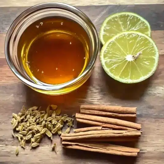 Raw honey in a glass bowl with lime halves, fennel seeds, and cinnamon sticks on a wooden board