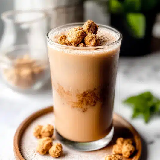 Iced Teddy Graham Latte topped with crushed Teddy Grahams served in a clear glas