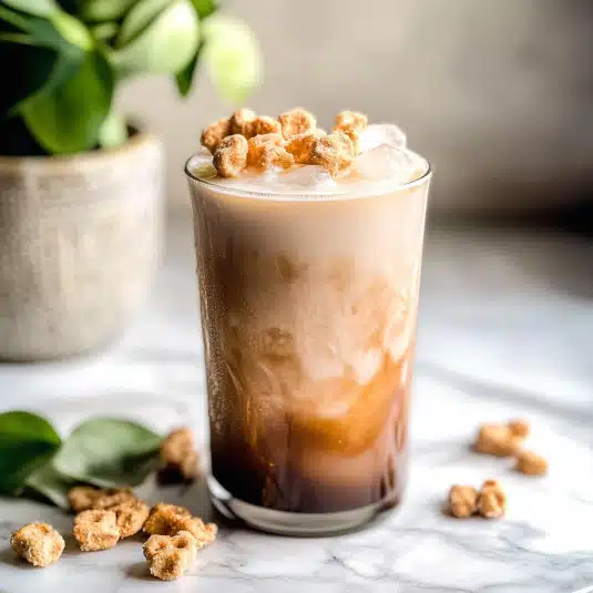 Iced Teddy Graham Latte topped with crushed Teddy Grahams served in a clear glass over ice on a marble countertop