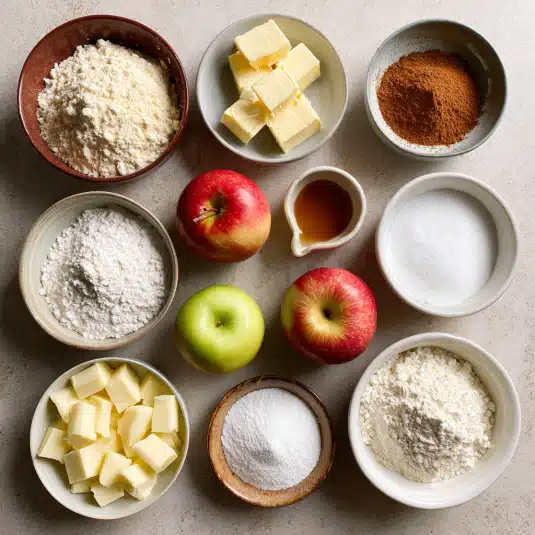 Bowls of flour, butter, sugar, apples, cinnamon, and maple syrup arranged on a countertop