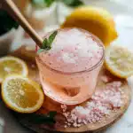 Glass of Japanese Pink Salt and Ice Recipe drink with lemon slices and mint on a wooden board