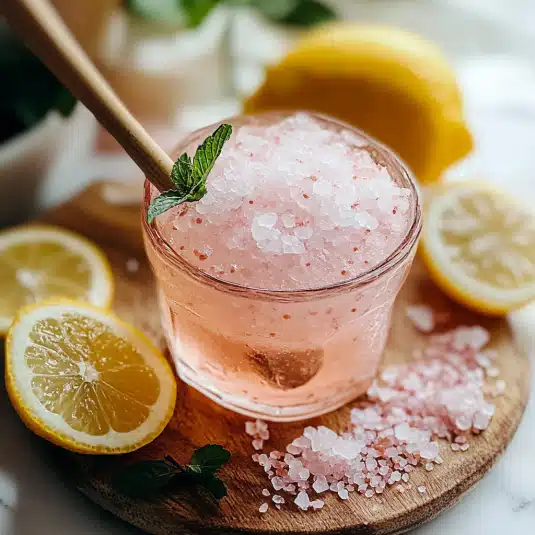 Glass of Japanese pink salt and ice drink with lemon slices and mint on a wooden board