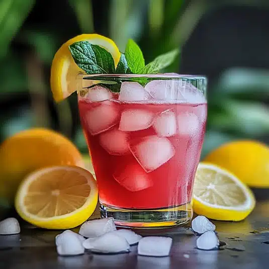 Bright Japanese Pink Salt and Ice Recipe drink with lemon slices and mint in a glass with ice cubes
