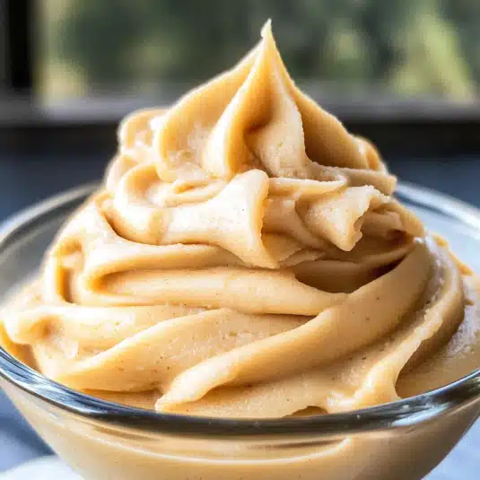 creamy maple frosting with sugar crystals in a glass bowl
