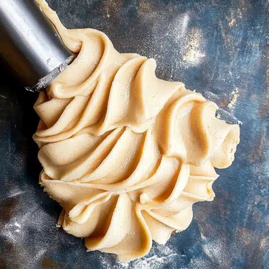 Maple frosting piped in swirls on a dark surface using a metal tip