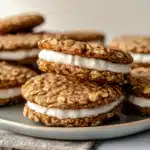 Close-up of homemade oatmeal creme pies with soft oat cookies and thick vanilla filling stacked on a plate