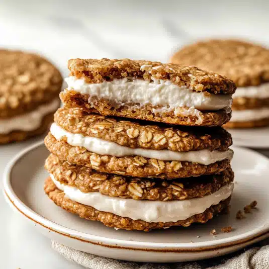 Close-up of homemade oatmeal creme pies with soft oat cookies and thick vanilla filling