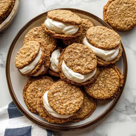Plate of oatmeal creme pies with thick vanilla filling and chewy oat cookies on a marble background