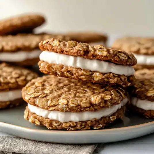 Close-up of homemade oatmeal creme pies with soft oat cookies and thick vanilla filling stacked on a plate