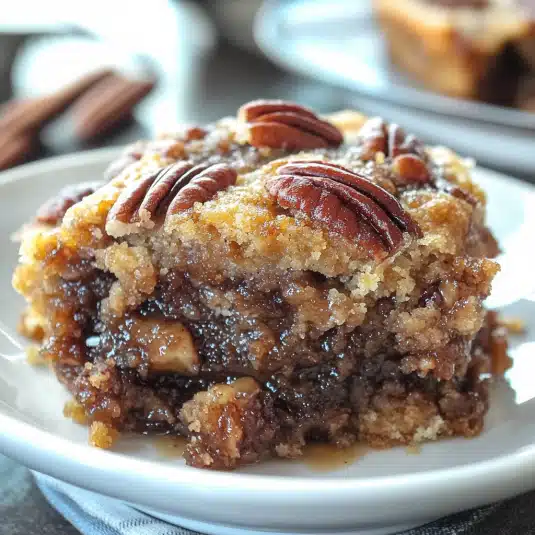 Close-up of a gooey pecan pie dump cake slice topped with toasted pecans, served on a white plate with a spoon beside it.
