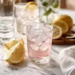 A glass of the salt and ice trick recipe with pink Himalayan salt, ice cubes, and lemon slices on a marble countertop
