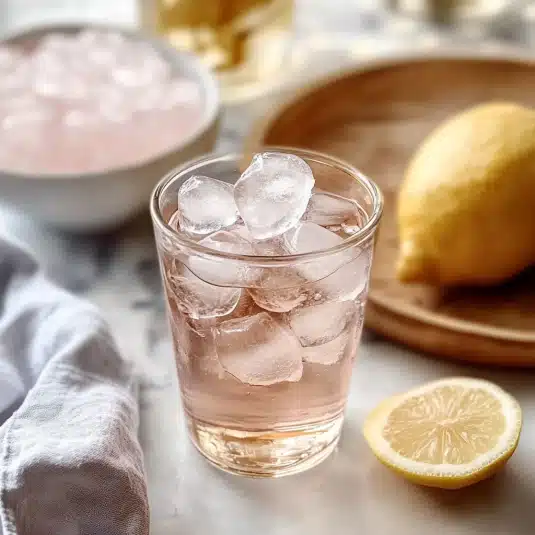 A glass of the salt and ice trick recipe with pink Himalayan salt, ice cubes, and lemon slices