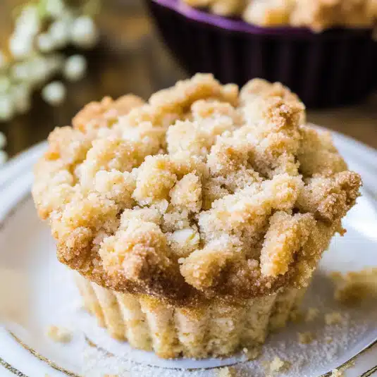 baked muffin with buttery streusel topping on a white plate