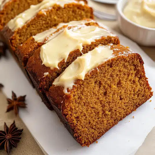 Moist sweet potato bread topped with creamy frosting and sliced for serving — an easy fall baking recipe with warm spices and rich flavor
