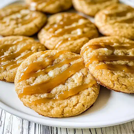 Soft and chewy caramel cookies drizzled with golden caramel sauce on a white plate beside a jar of caramel