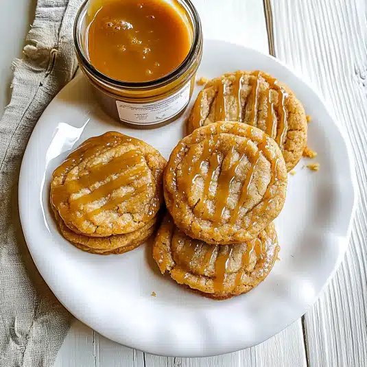 Soft and chewy caramel cookies drizzled with golden caramel sauce on a white plate beside a jar of caramel  easy homemade caramel cookie recipe.