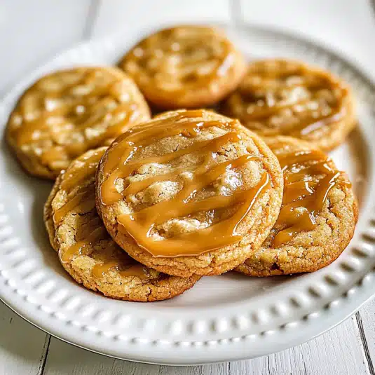 Soft and chewy caramel cookies drizzled with caramel sauce on a white plate