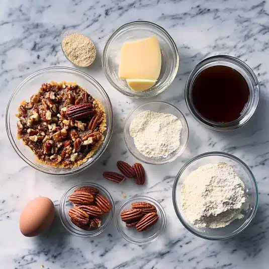 Top-down view of pecan pie dump cake ingredients including pecans, butter, sugar, flour, maple syrup, and an egg on a marble surface.