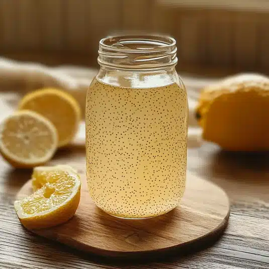 Natural Mounjaro recipedrink made with lemon, chia seeds, and ginger on a wooden table, glowing in natural light a healthy detox beverage.