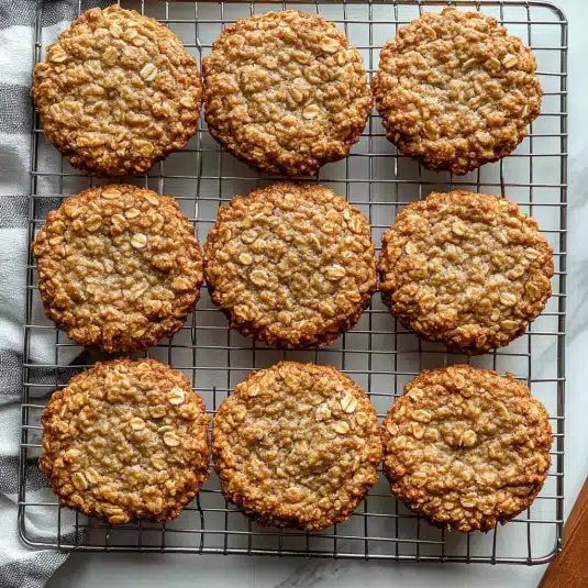 Nine golden brown oatmeal cookies cooling on a wire rack after baking, ready for assembling creme pies