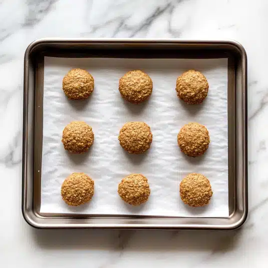 Nine unbaked oatmeal cookie dough balls spaced evenly on a parchment-lined baking sheet
