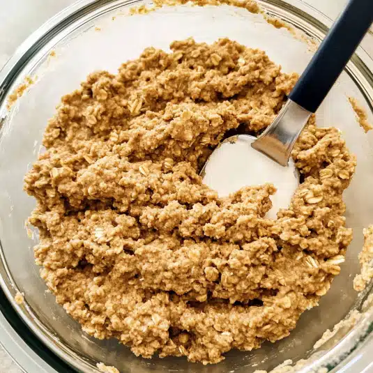 Close-up of oatmeal creme pie cookie dough with oats in a glass bowl and a spoon inside