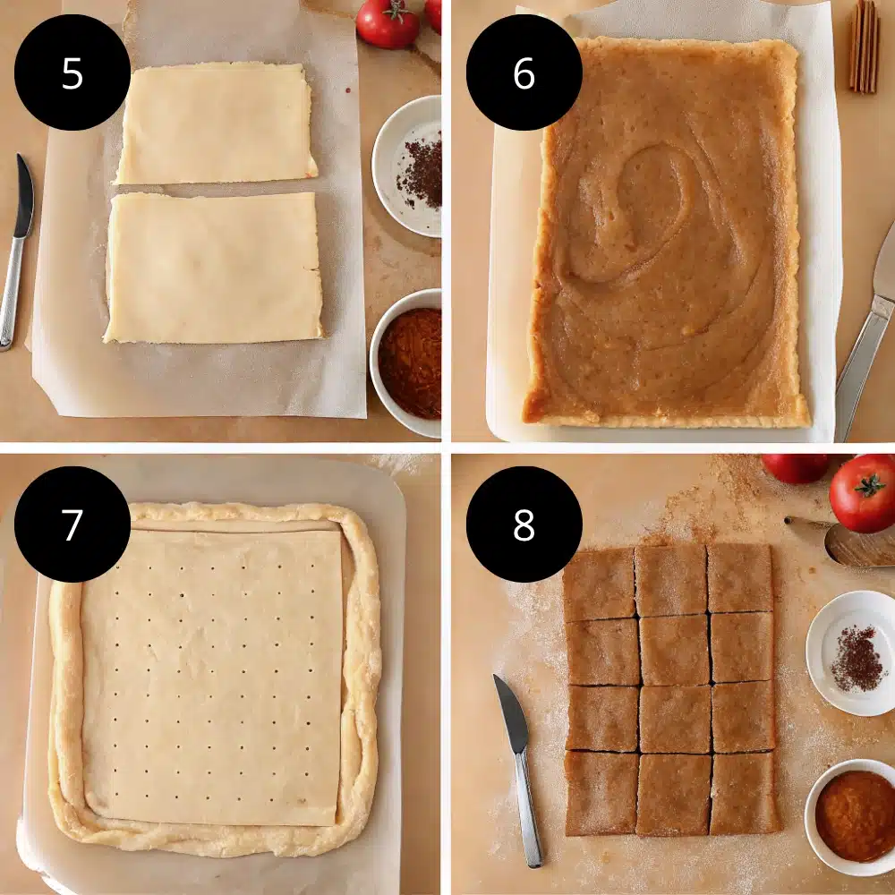 Four images showing how to assemble and shape apple pop tarts using dough, filling, and scoring before baking