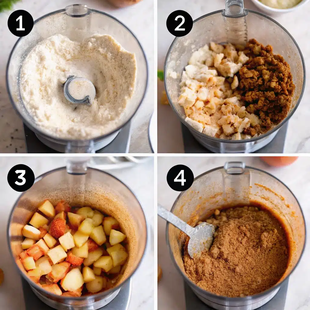 Four-step collage showing how to prepare apple filling using a food processor with chopped apples, spices, and blended ingredients